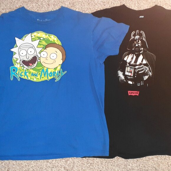 2 SHORT SLEEVE GRAPHIC T SHIRTS HUMOR ADULT SWIM~LEVIS STAR WARS-MENS SIZE 2XL - Picture 1 of 4
